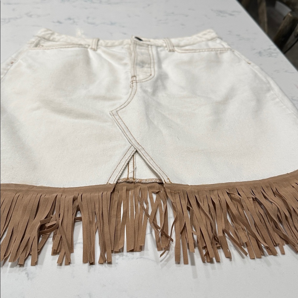 Esprit Cream Mini Skirt with Tan Fringe - Picture 2 of 5